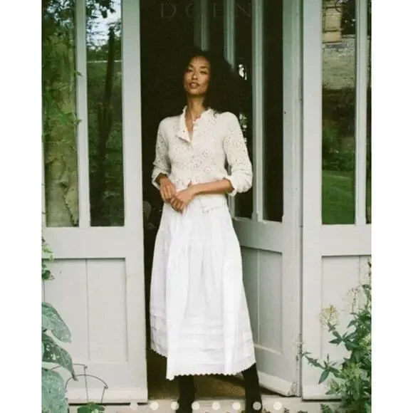 DOEN Sz M Medium Sebastiane Skirt Midi Scalloped Ivory Powder A-Line - Picture 7 of 16